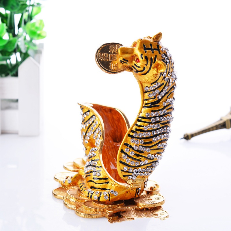 Tiger shaped diamond inlaid enamel jewelry box