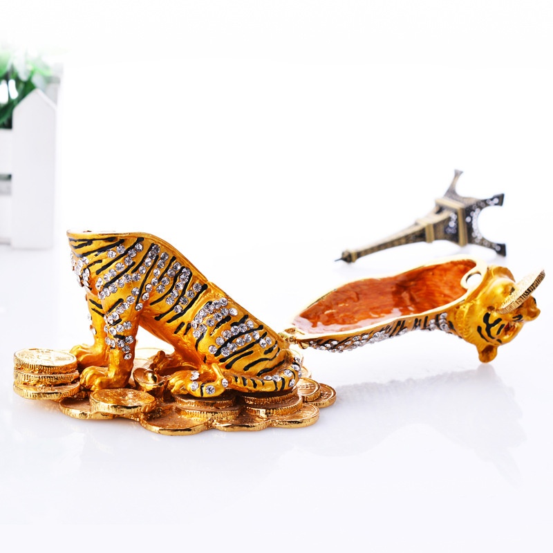 Tiger shaped diamond inlaid enamel jewelry box